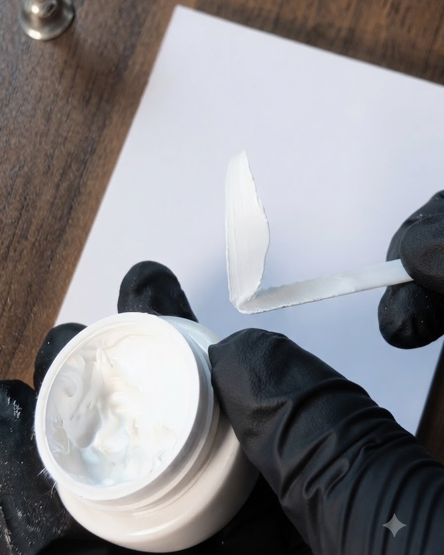 Una mano guantata usa una spatola per distribuire e tamponare il gel da pittura bianco su una palette di miscelazione pulita.