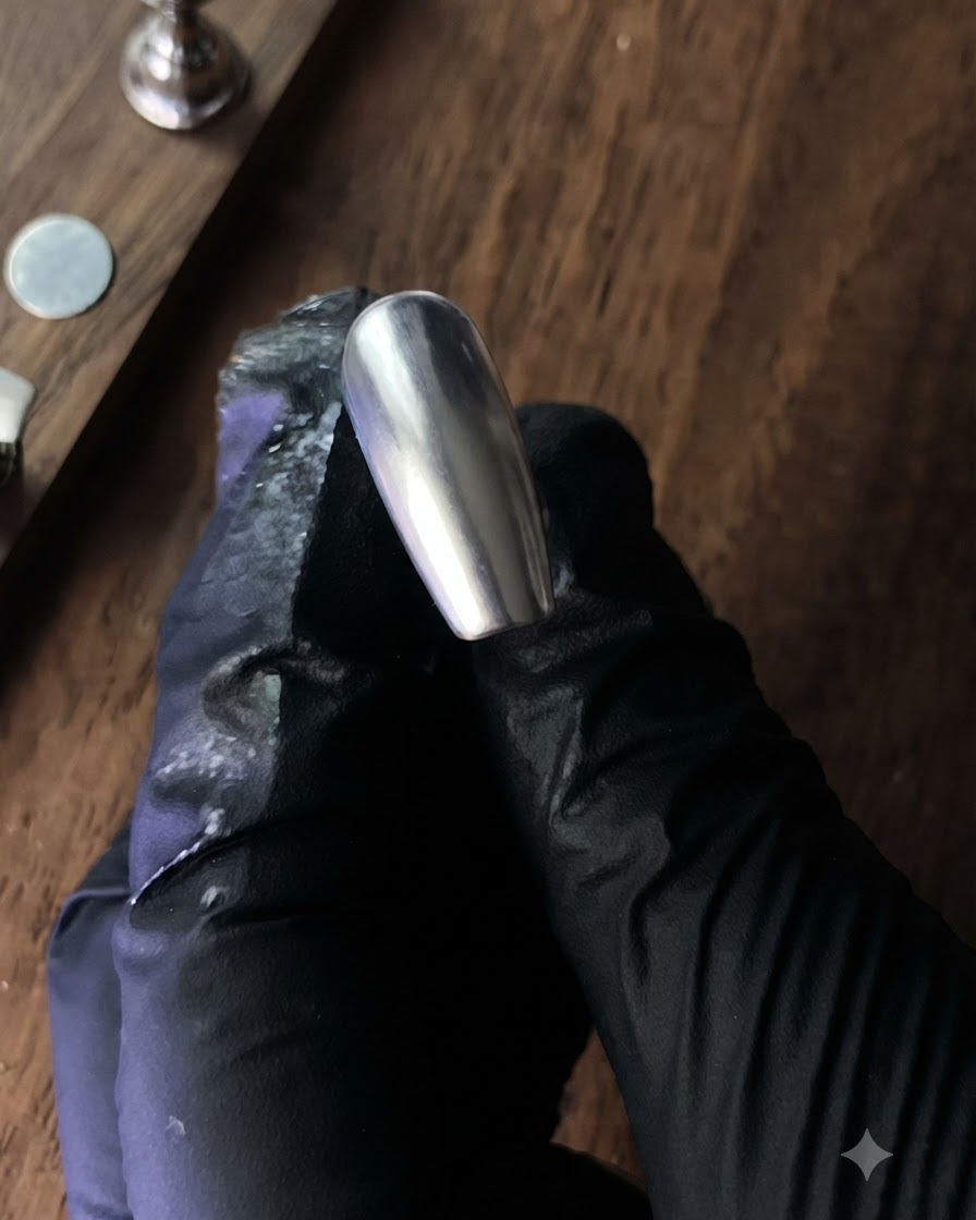 Ununghia finta in cromo argento tenuta contro uno sfondo scuro, che mostra la transizione della sfumatura.