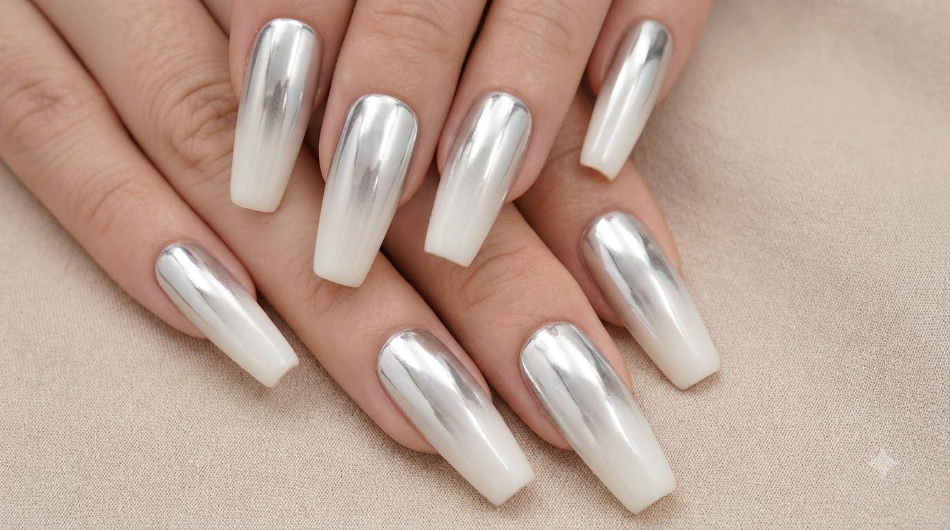 Un set completo di unghie press-on lunghe a bara caratterizzate da una suggestiva sfumatura da argento cromato a bianco latte.