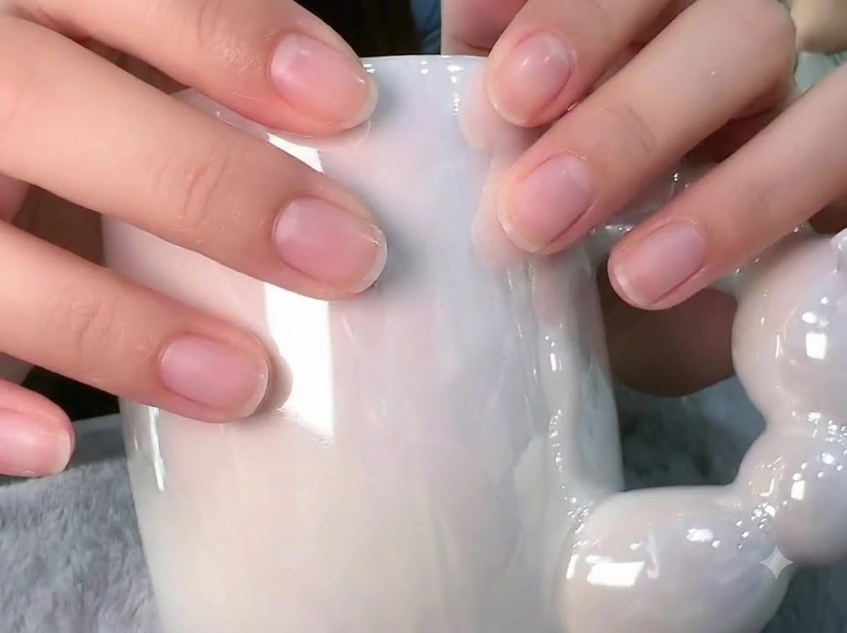 Una vista in primo piano di dita che tengono una tazza bianca con singoli strass posizionati vicino alle cuticole delle unghie.