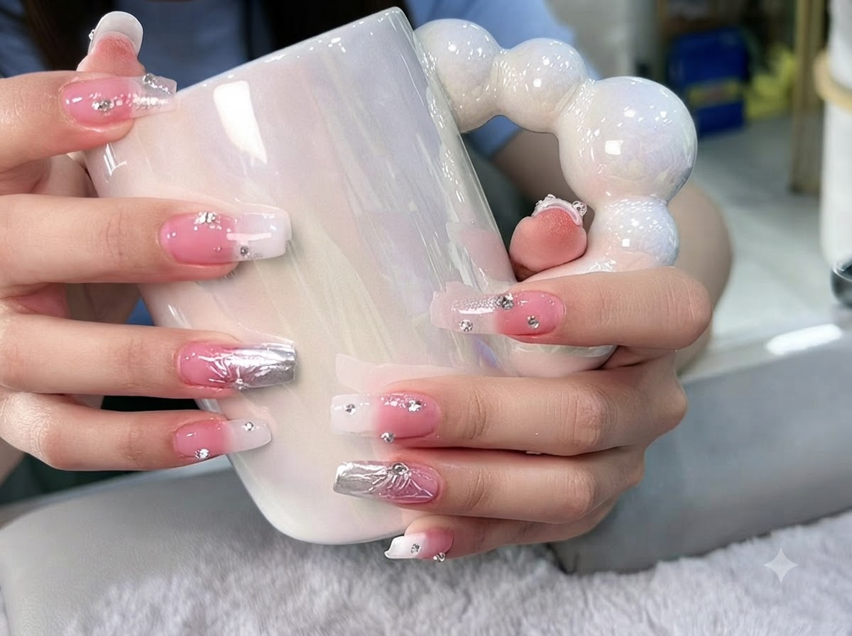 Mani appoggiate sul manico di una tazza bianca che mostrano una sfumatura coerente e design di unghie con cristalli.