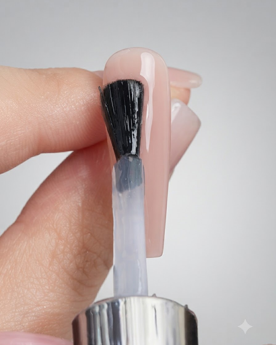 Un pennello che applica uno strato trasparente di gel sigillante su unestensione in gel color nude.
