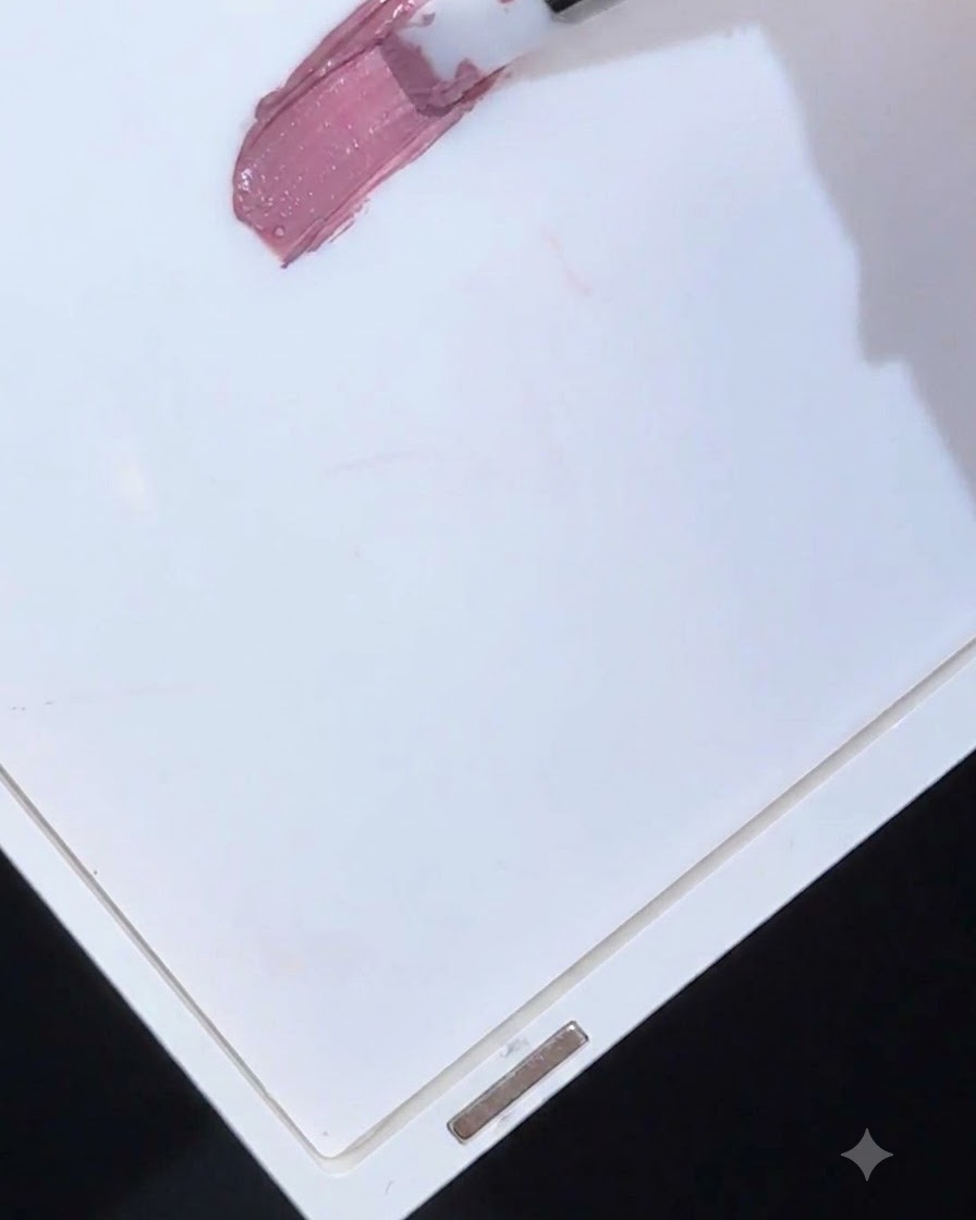 Un pennello che stende del gel color malva su una tavolozza di plastica bianca.