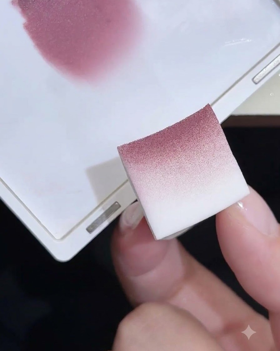 Una spugnetta che mostra una texture morbida di polvere rosa e gel dopo essere stata lavorata su una tavolozza.