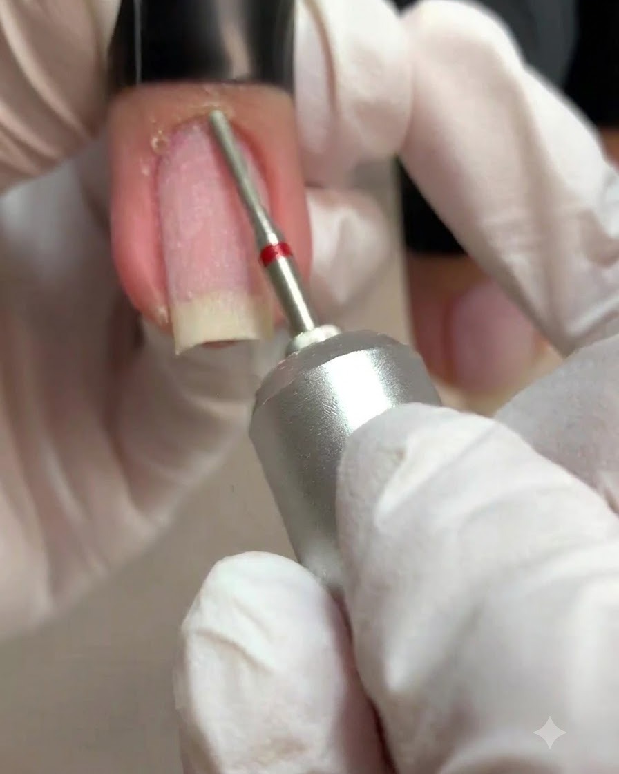 Mano con guanto che usa una fresa con micro punta per levigare la pelle secca sulle pieghe laterali di ununghia naturale.