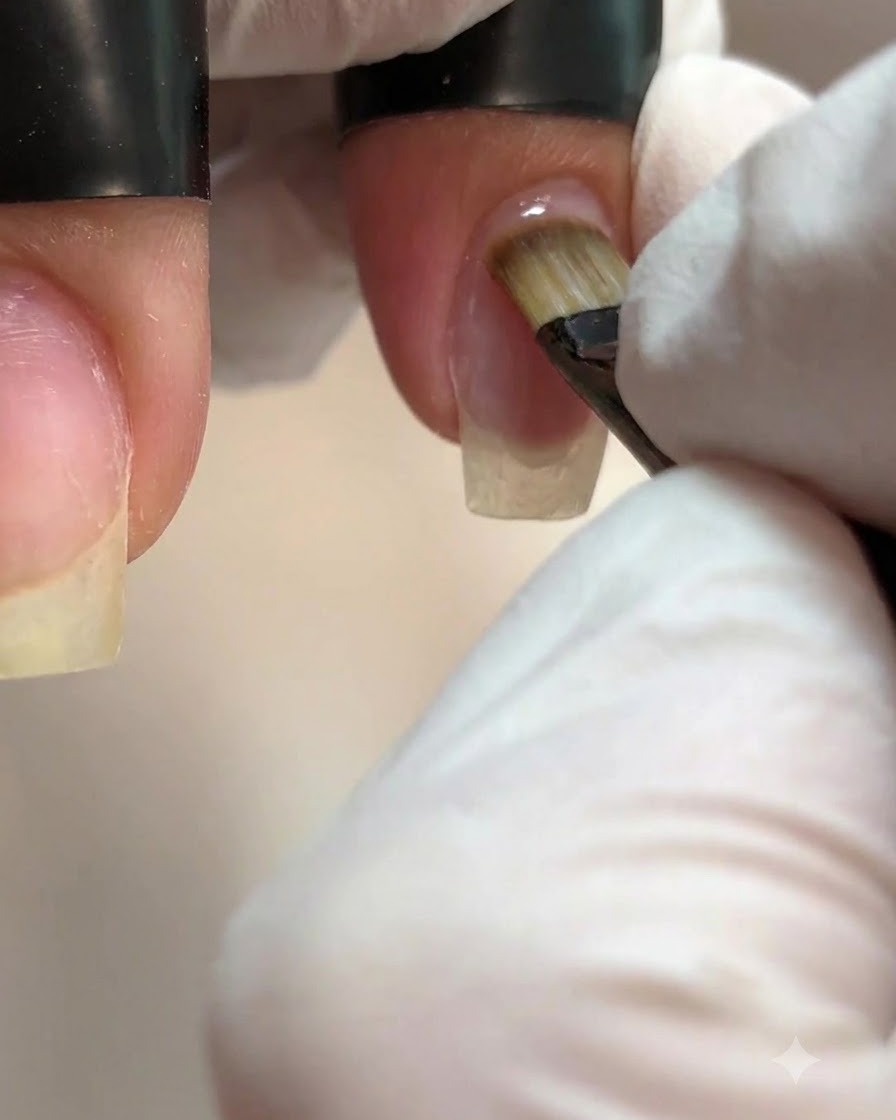 Un pennello che applica uno strato di gel di base trasparente su ununghia naturale.