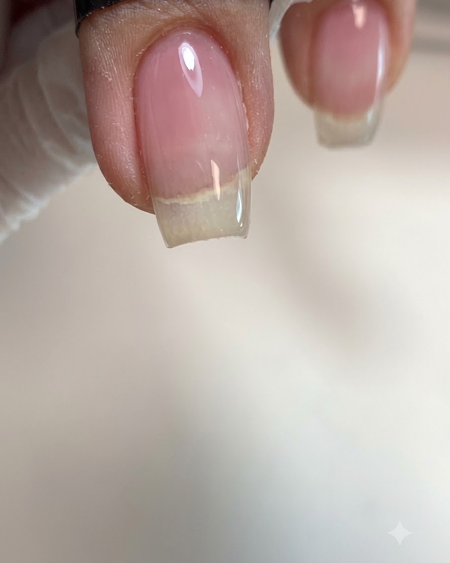 Primo piano di ununghia che mostra una spessa goccia di gel costruttore trasparente applicata al centro.