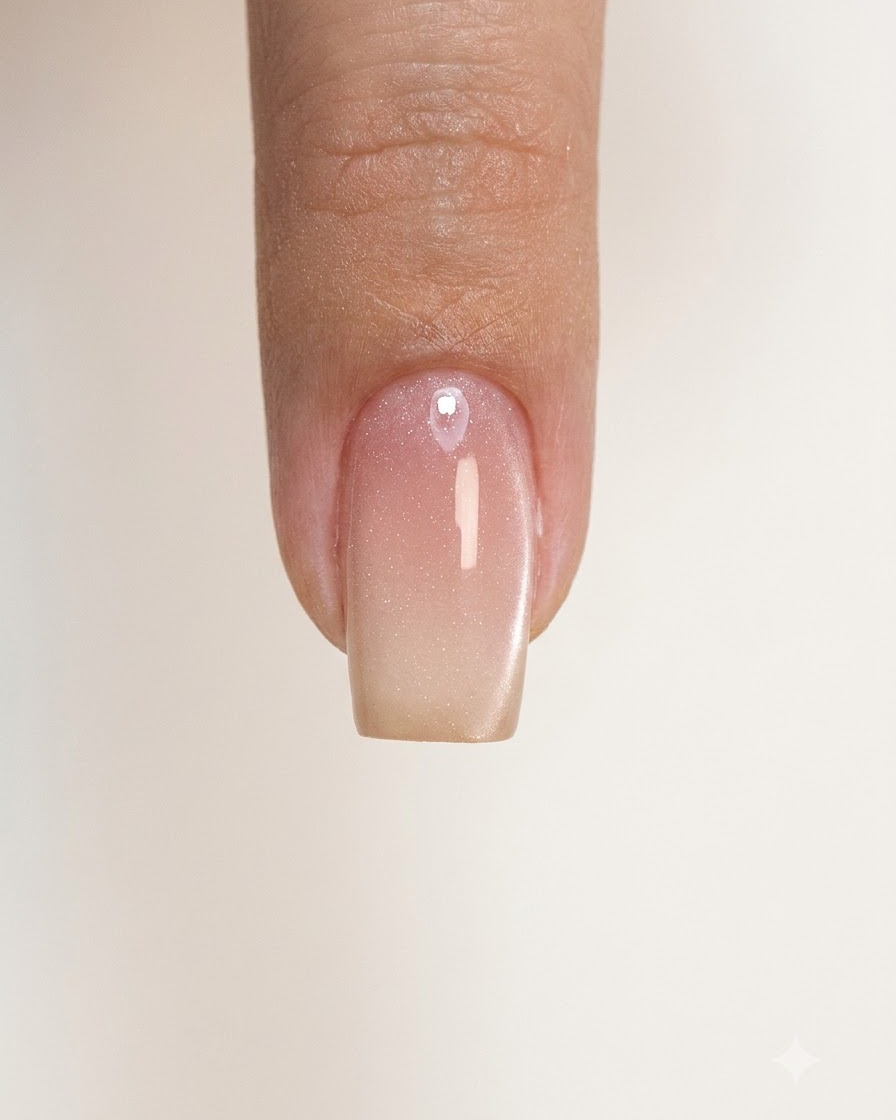 Ununghia con una finitura rosa nude semitrasparente appena polimerizzata.