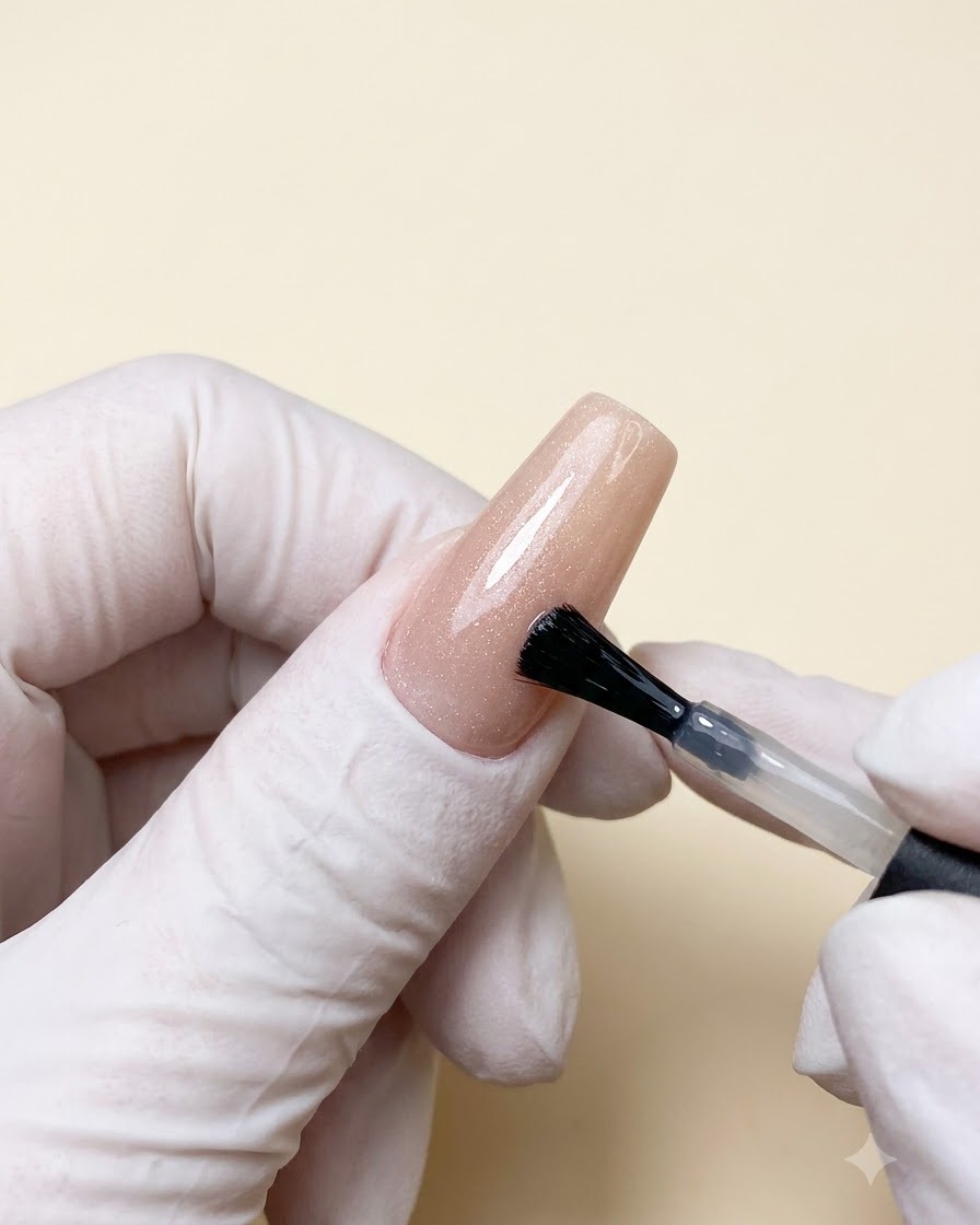 Pennello che applica uno smalto gel magnetico cat-eye argento su una base rosa.