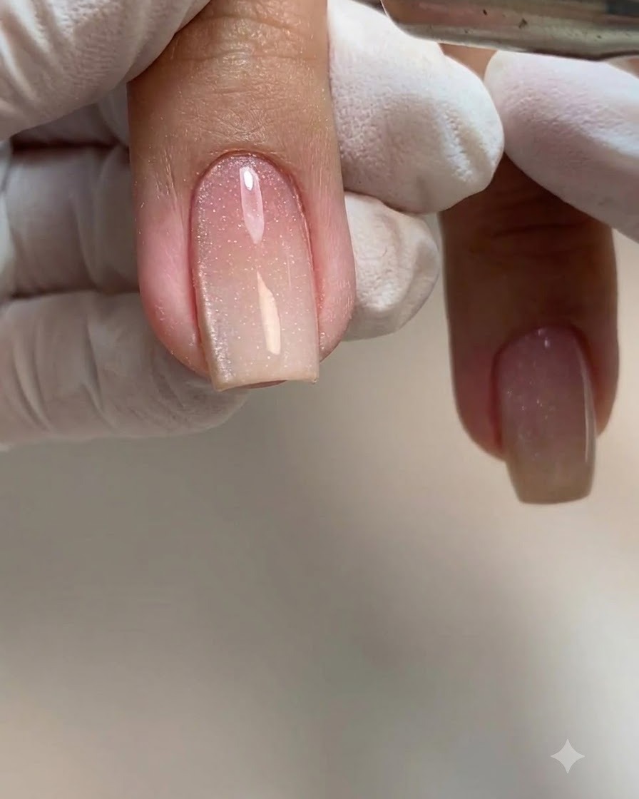 Pennello sottile per nail art che sistema lo smalto gel ancora bagnato vicino alla cuticola.