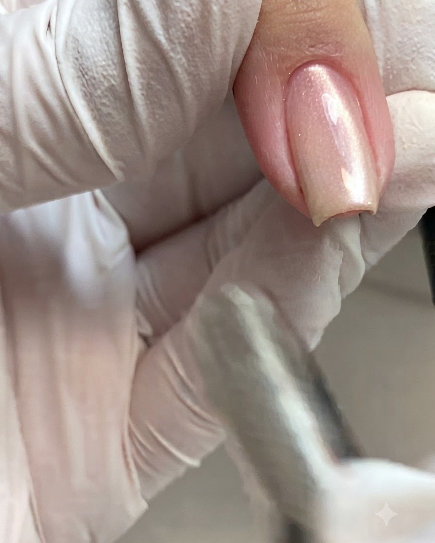 Mano che regola un magnete vicino a ununghia cangiante per perfezionare il riflesso della luce.