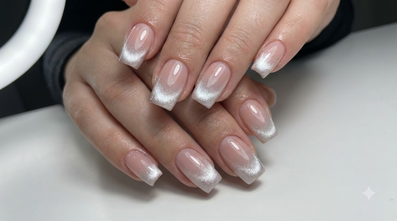 Unghie Rosa Nude con Sfumatura Cat-Eye Argento — Tutorial Passo dopo Passo