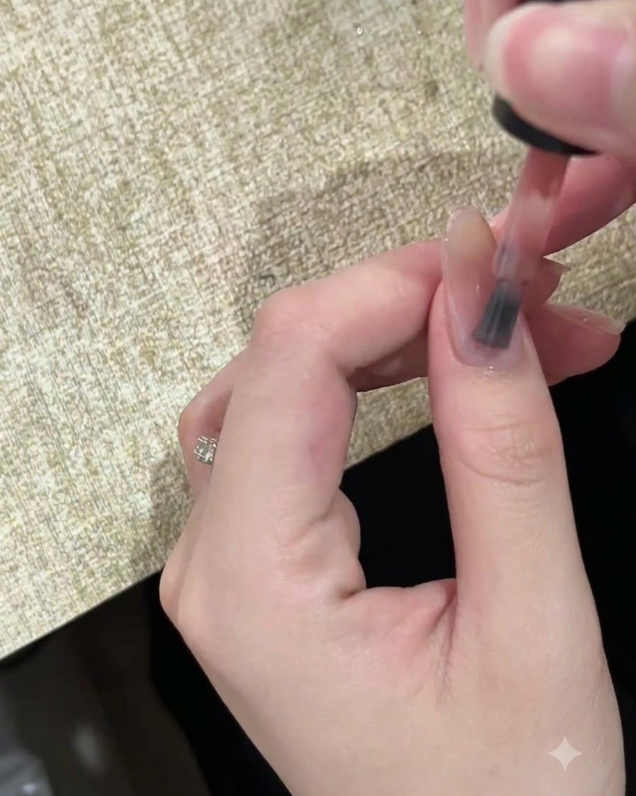 Primo piano di un pennello che applica uno smalto gel nude traslucido su ununghia naturale.