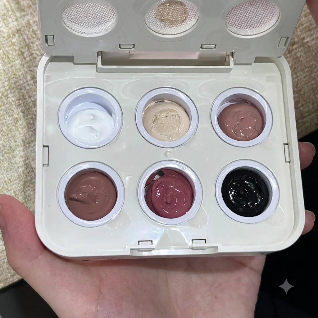 Una persona con in mano una palette aperta di sei colori gel solidi, tra cui bianco, rosa, rosso e nero.