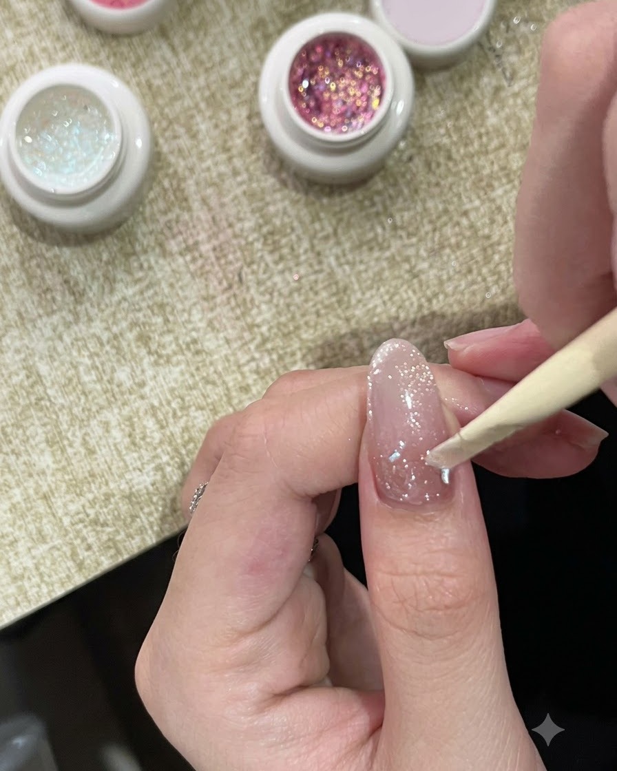 Un bastoncino in legno per cuticole che posiziona del bubble gel cangiante e ricco di glitter vicino alla zona delle cuticole.
