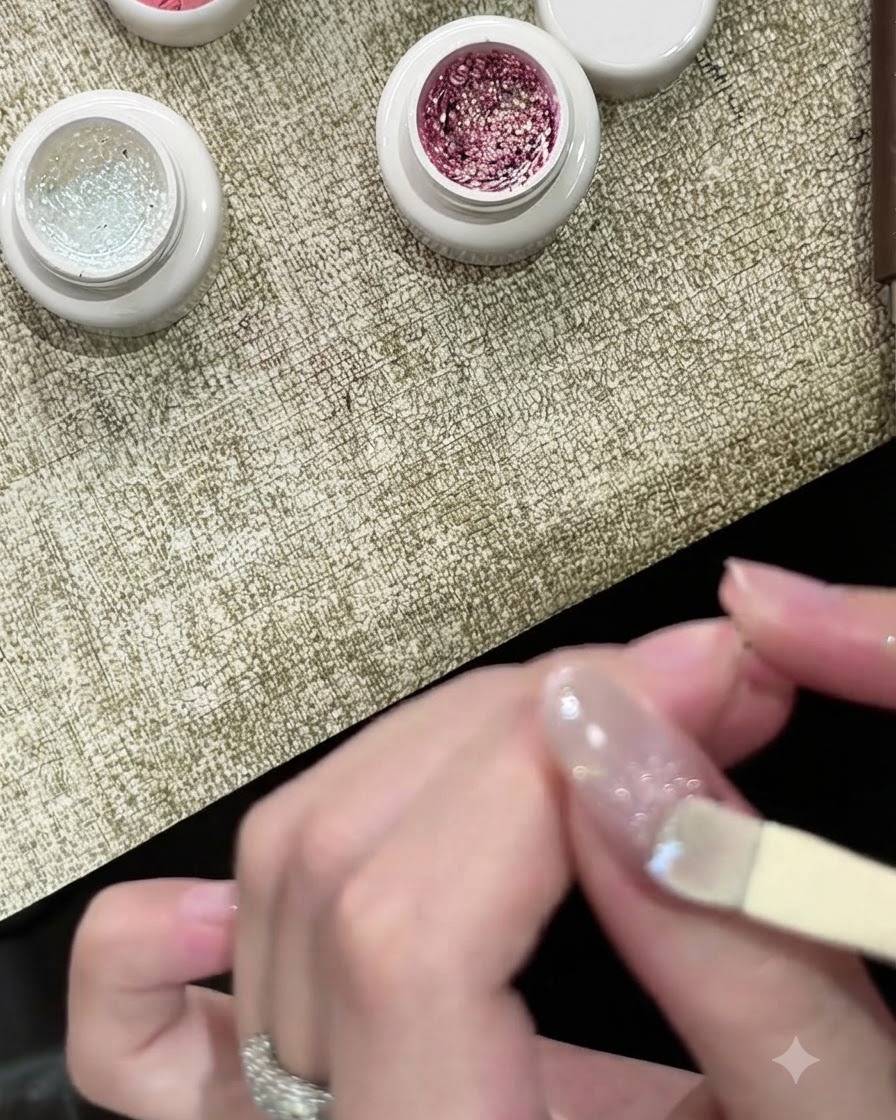 Una mano che polimerizza lo strato di bubble gel bianco scintillante sotto una lampada per unghie.