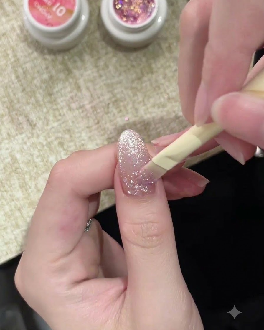 Un pennello per unghie che applica delicatamente un gel rosa traslucido sulla base dellunghia tridimensionale.