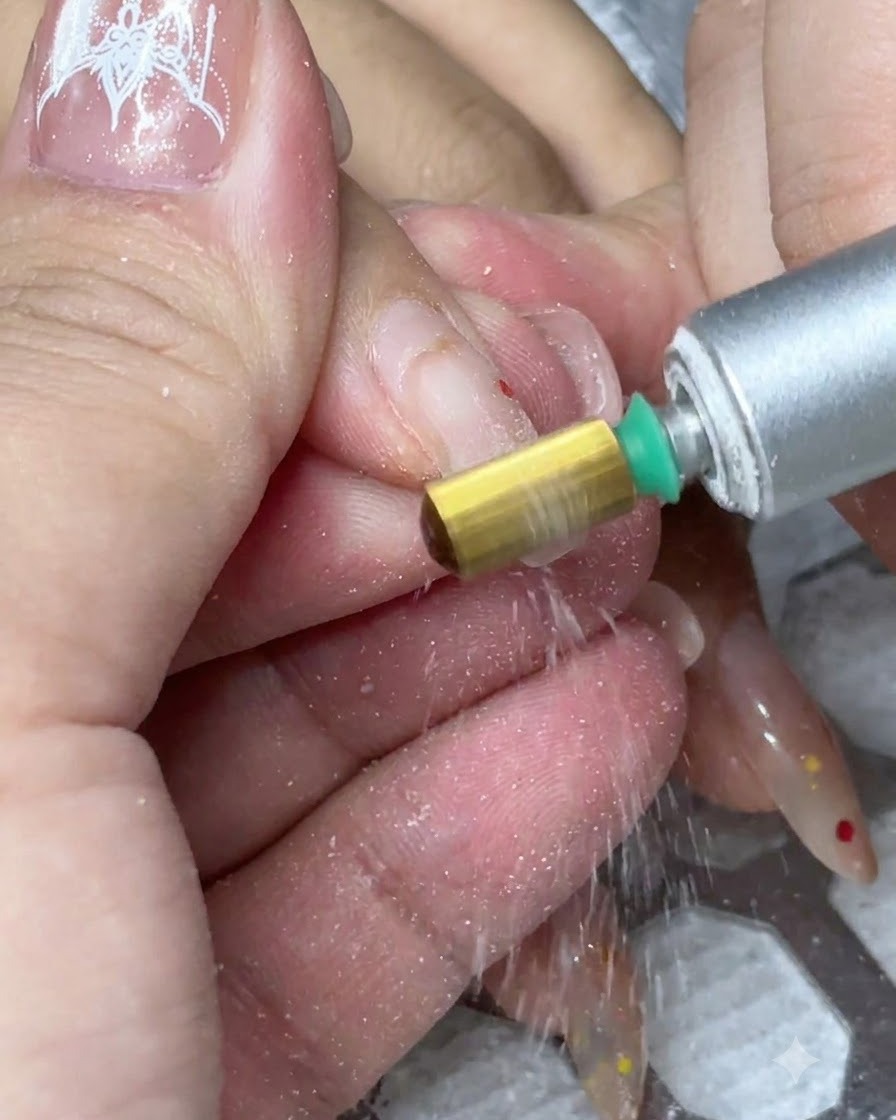 Una fresa per unghie elettrica con una punta in carburo doro che rimuove il vecchio gel da ununghia naturale.
