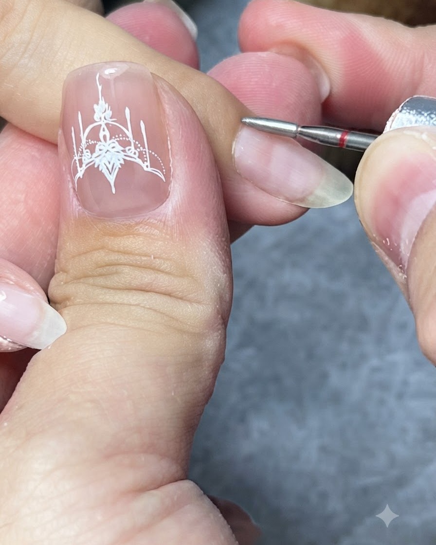 Un micromotore per unghie con una piccola punta diamantata che pulisce la tasca delle cuticole di ununghia.