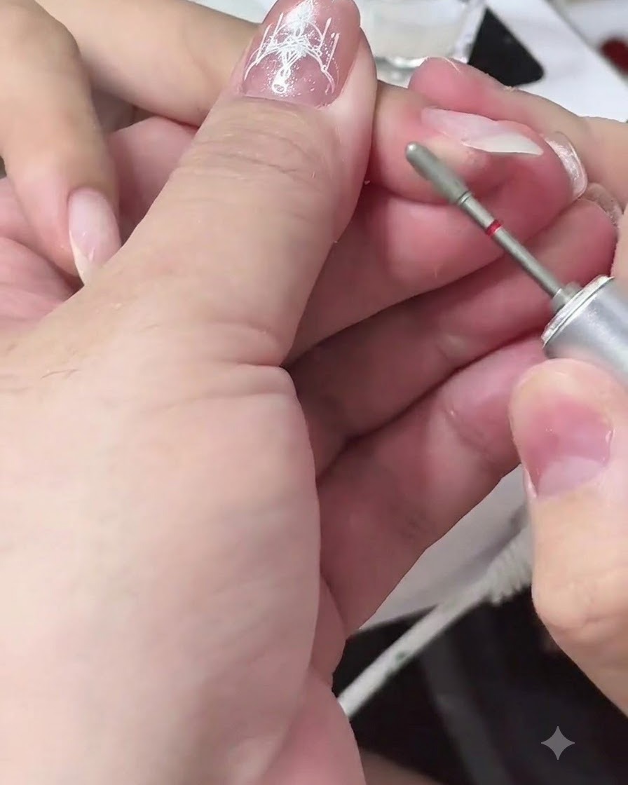 Un pennello che applica il gel costruttore trasparente su una piastra ungueale preparata per stabilire la struttura.