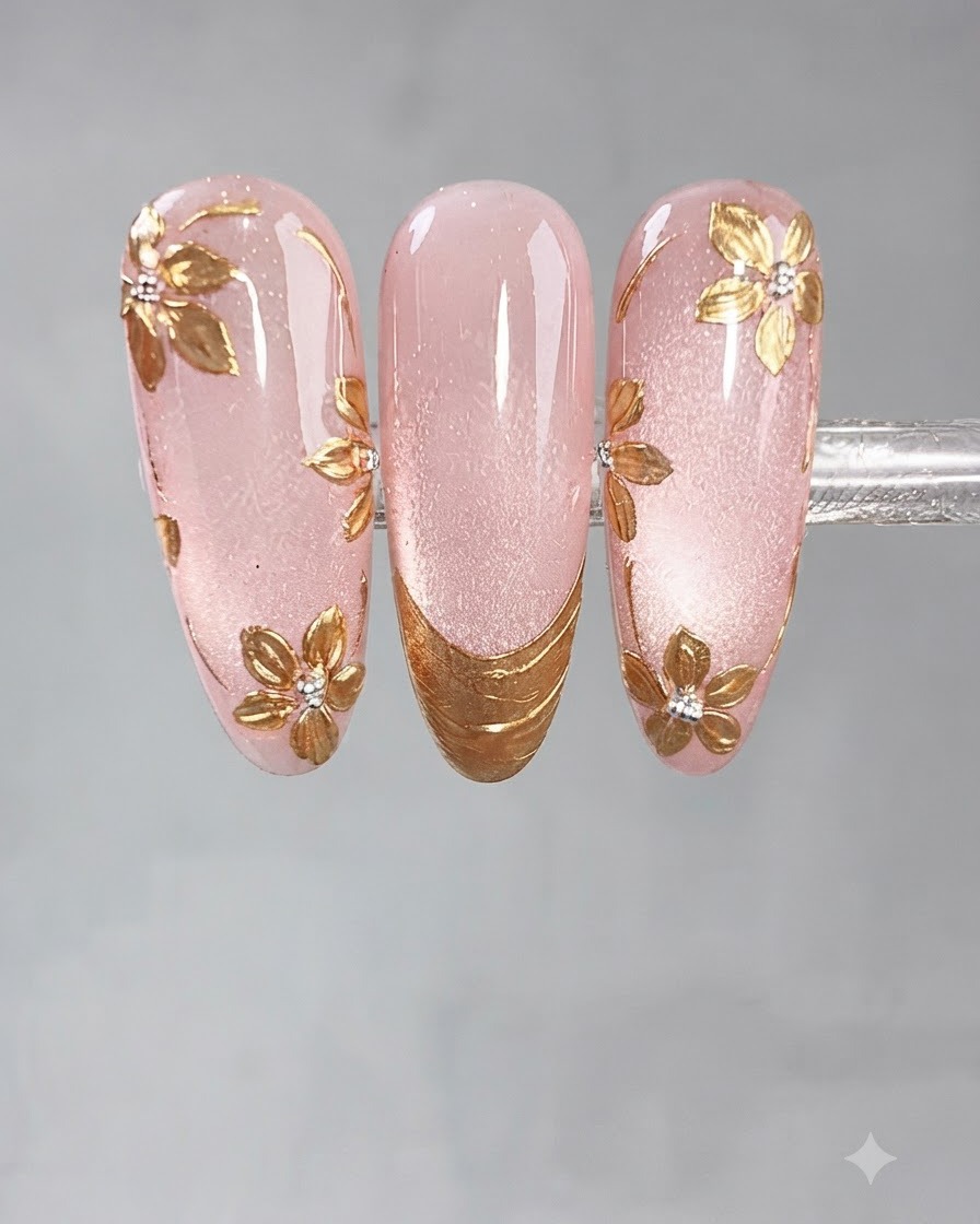 Uno strumento dotting tool che forma petali di fiori con gel adesivo trasparente su ununghia rosa.