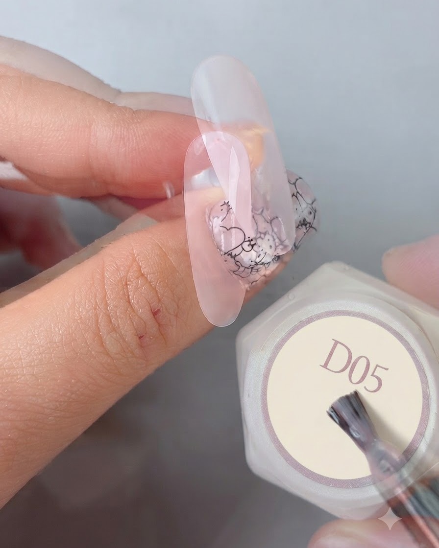 Un pennello per manicure che applica un top coat lucido liscio finale su un design per unghie completato vicino a una bottiglia di gel etichettata D05.