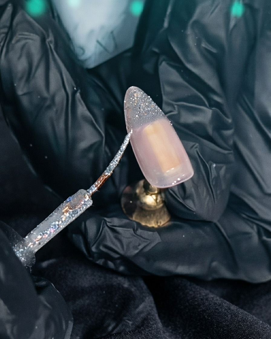 Un pennello che riempie la parte inferiore di una punta French con gel argento scintillante.