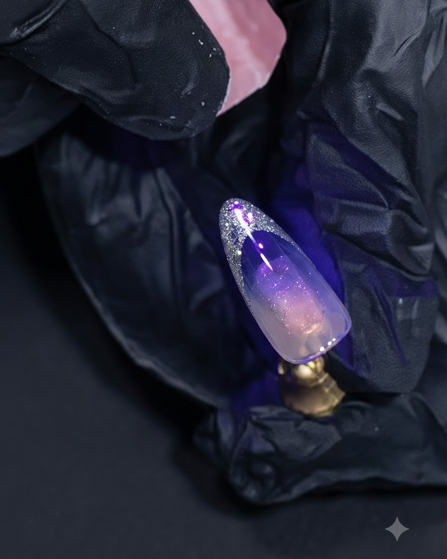 Ununghia in fase di polimerizzazione sotto una luce UV viola con la punta French in gel platino argento che brilla intensamente.