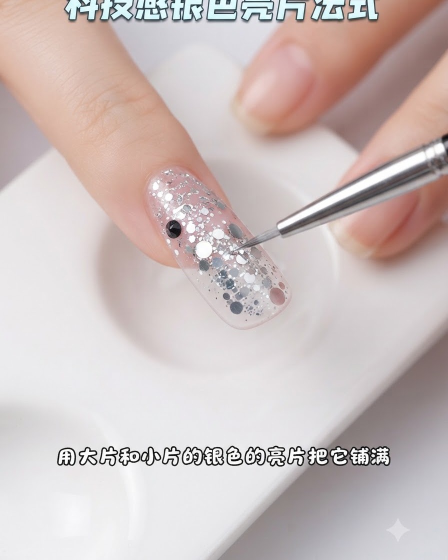 Un pennello per dettagli sottili che sistema piccoli e grandi pezzi di glitter argento sulla punta French di ununghia.