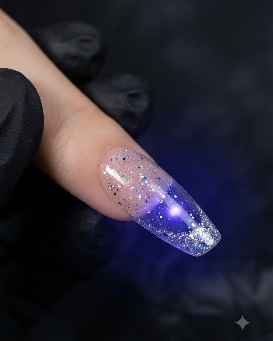 Un primo piano di ununghia con glitter argento sotto il bagliore di una lampada UV/LED viola durante il processo di polimerizzazione.