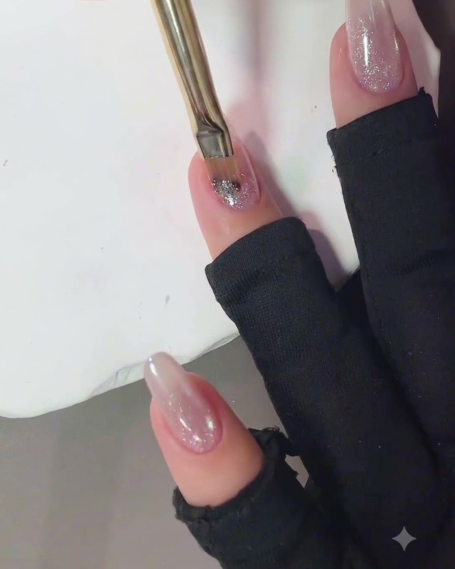 Un pennello per unghie che applica gel glitterato rosa diamante frantumato sulla parte superiore di ununghia.
