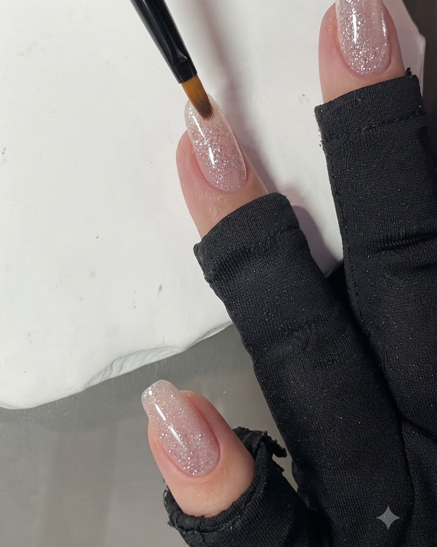 Un pennello a ventaglio che sfuma delicatamente le particelle di glitter del gel rosa diamante frantumato su ununghia.