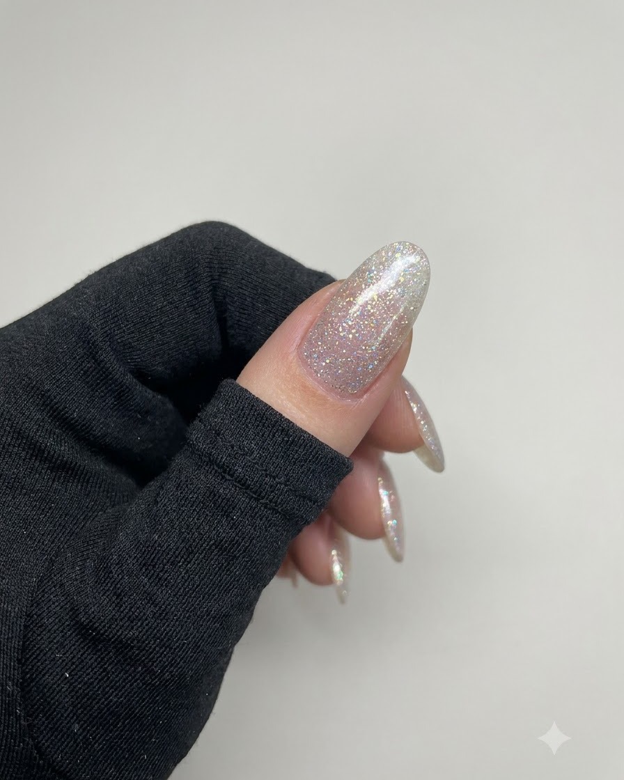 Una mano che mostra unghie con glitter rosa diamante frantumato completamente polimerizzate sotto una luce da studio.