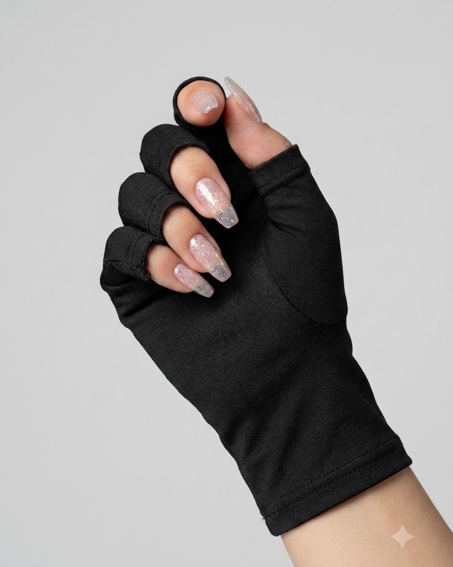 Una mano con guanti neri senza dita che mostra unghie rivestite con gel di rinforzo trasparente.