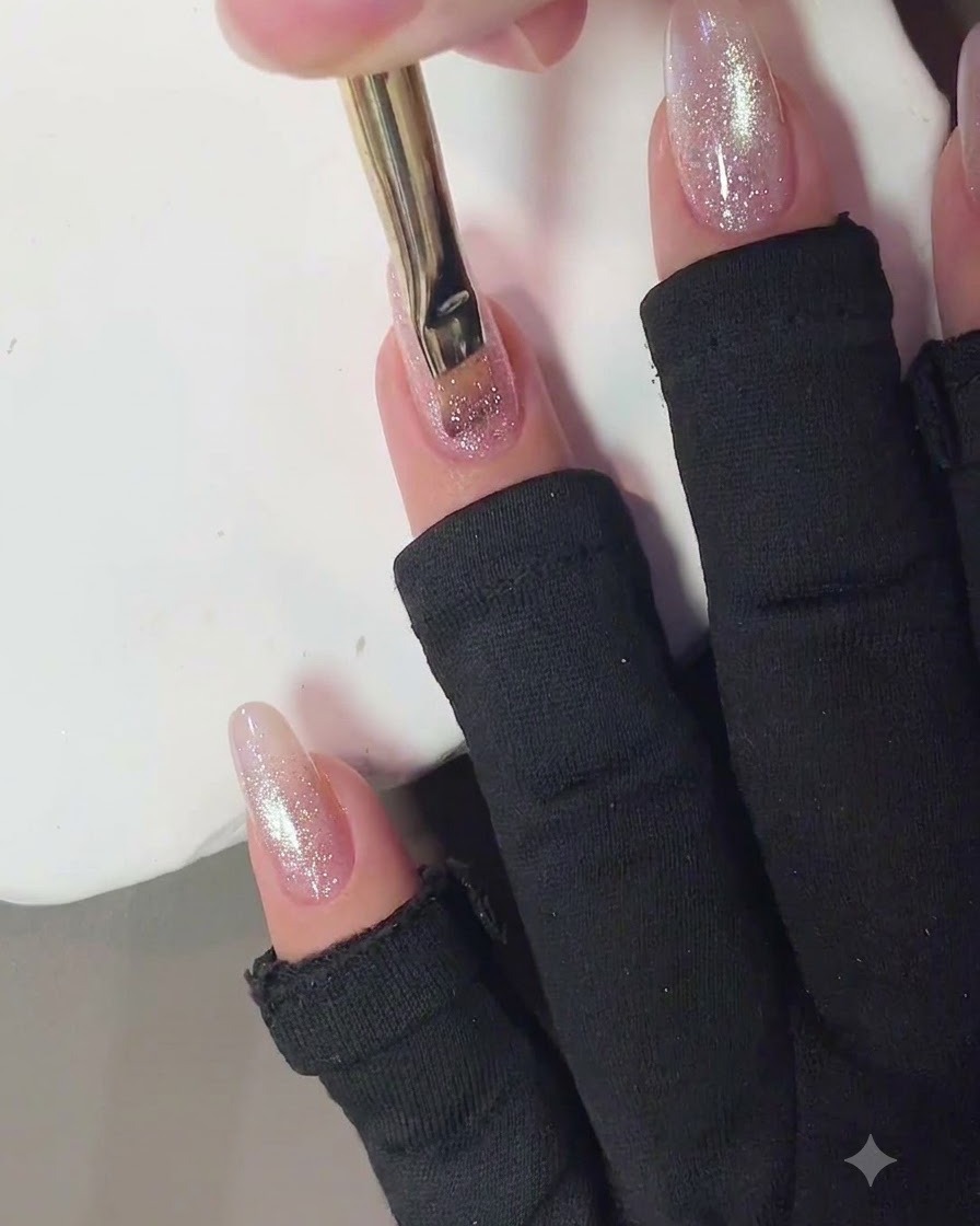Un pennello per unghie che applica una mano di gel rosa cat eye su ununghia curata.
