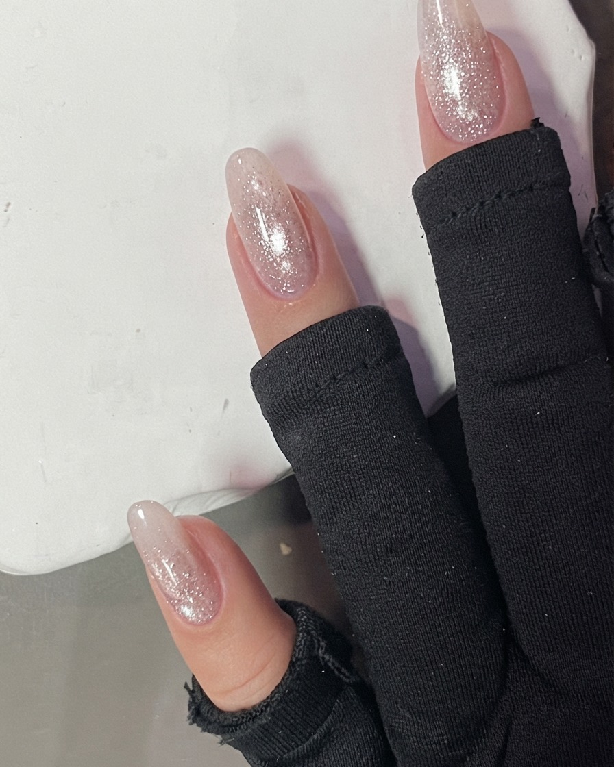 Dita con gel rosa cat-eye posizionate allinterno di una lampada di polimerizzazione sotto una luce brillante.