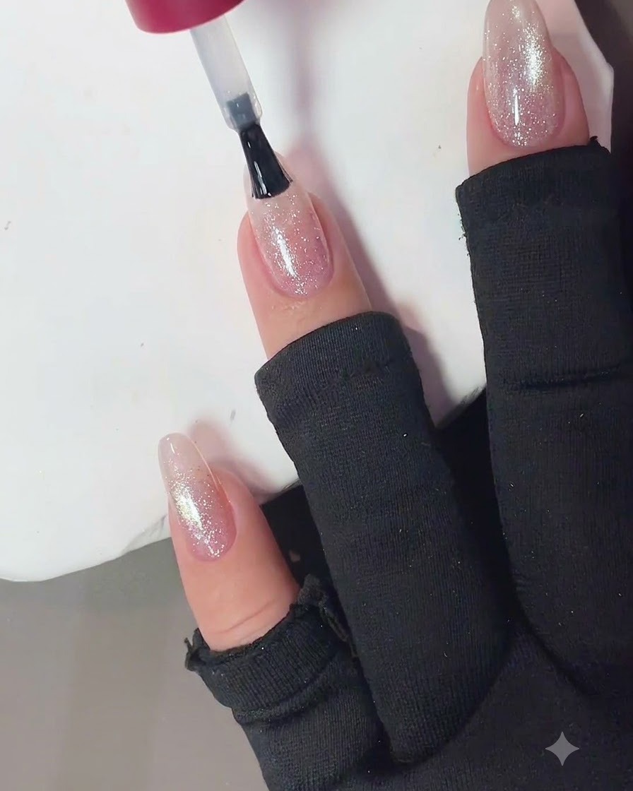 Un pennello per unghie che applica un top coat lucido senza dispersione su ununghia finita cat eye rosa diamante frantumato.