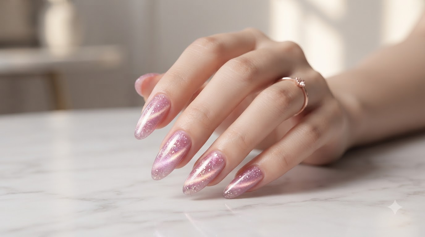 Unghie Cat Eye Rosa con Diamanti Frantumati — Tutorial Gel Passo dopo Passo