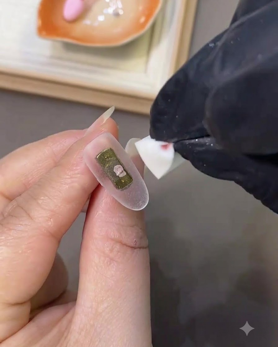 Un pennello da unghie che applica uno strato uniforme di smalto gel bianco latte sulla superficie di ununghia preparata.