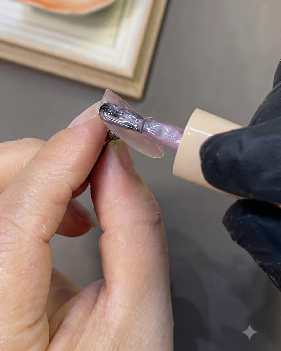 Un magnete che si libra sopra ununghia per disperdere le particelle cat-eye in unampia fascia di luce.