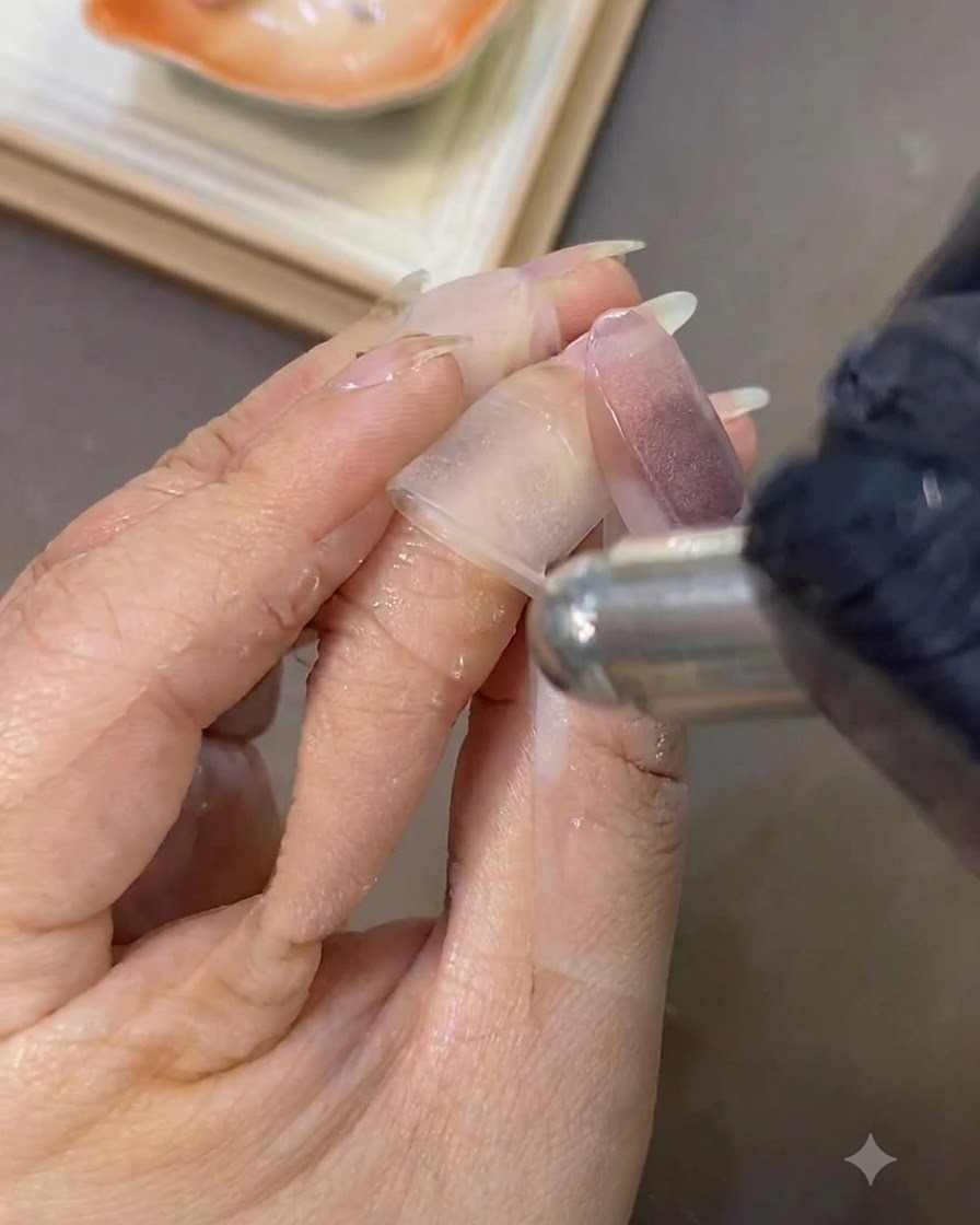 Una mano guantata che utilizza una salvietta imbevuta di cleanser sulla superficie finita di ununghia cat-eye.