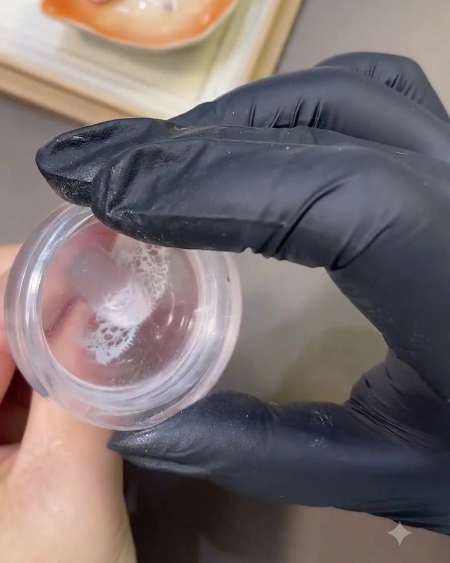 Un timbro in silicone trasparente con un motivo in pizzo bianco che viene premuto sulla superficie di ununghia decorata.