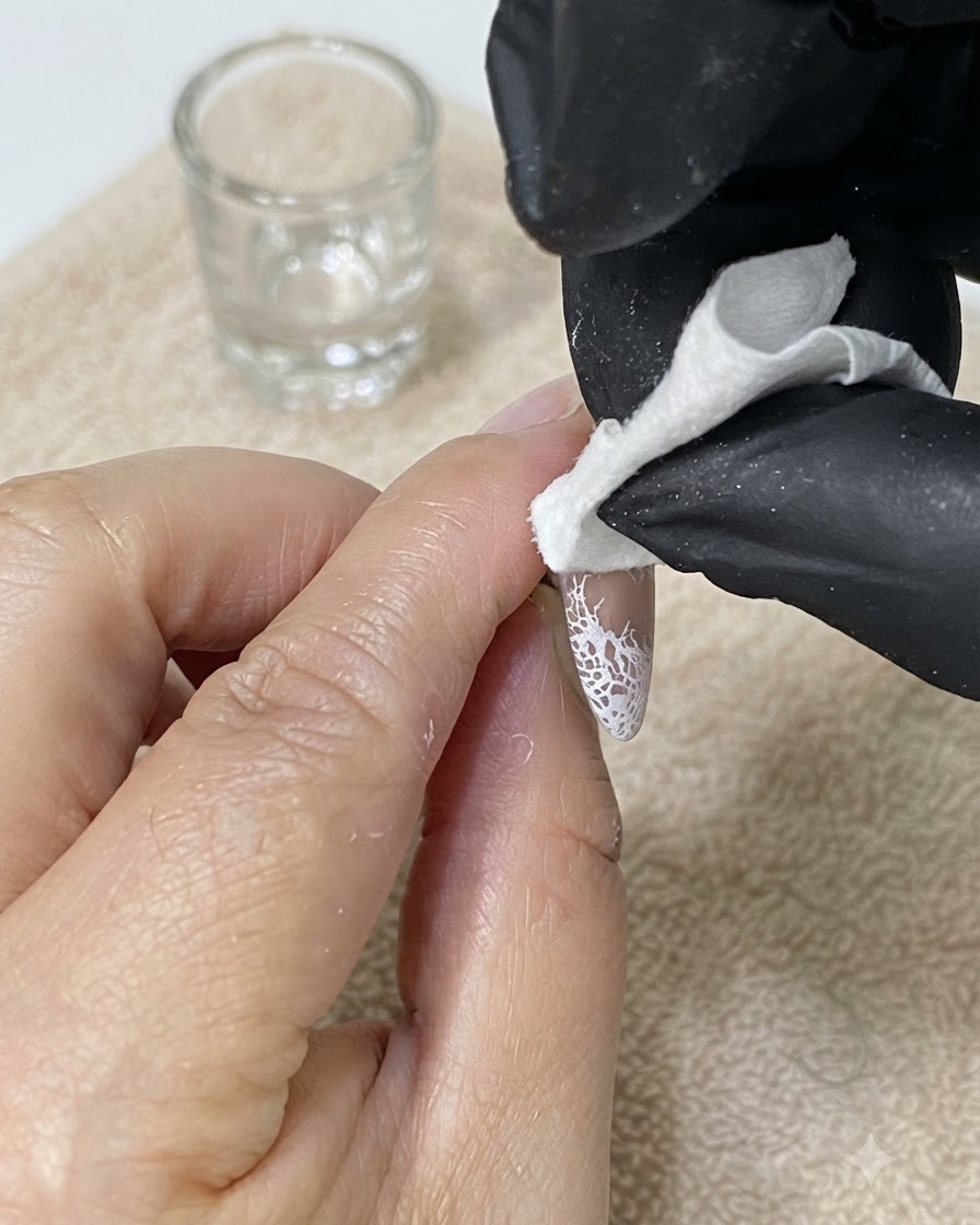 Un dito guantato che usa una salvietta per pulire il gel in eccesso attorno ai bordi di ununghia curata.
