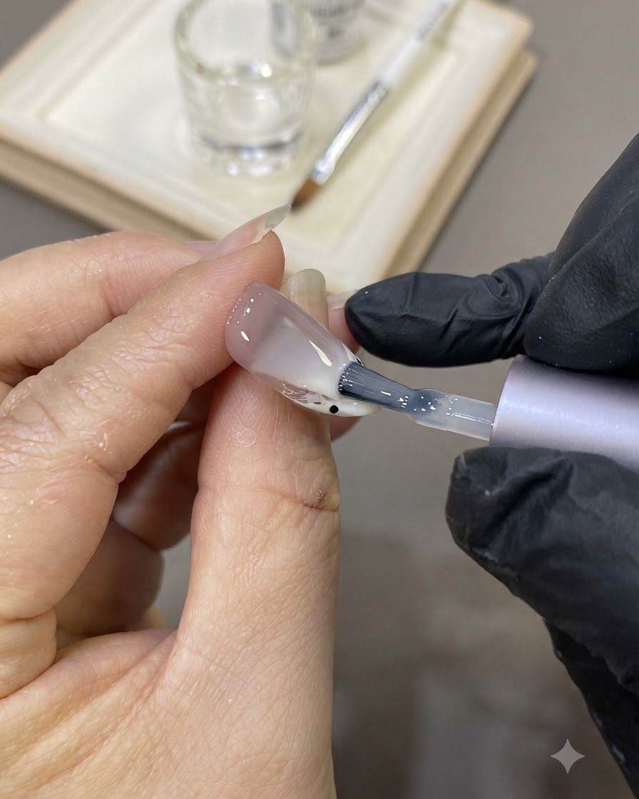 Un pennello che applica uno strato trasparente e livellante di builder gel sulla superficie decorata dellunghia.