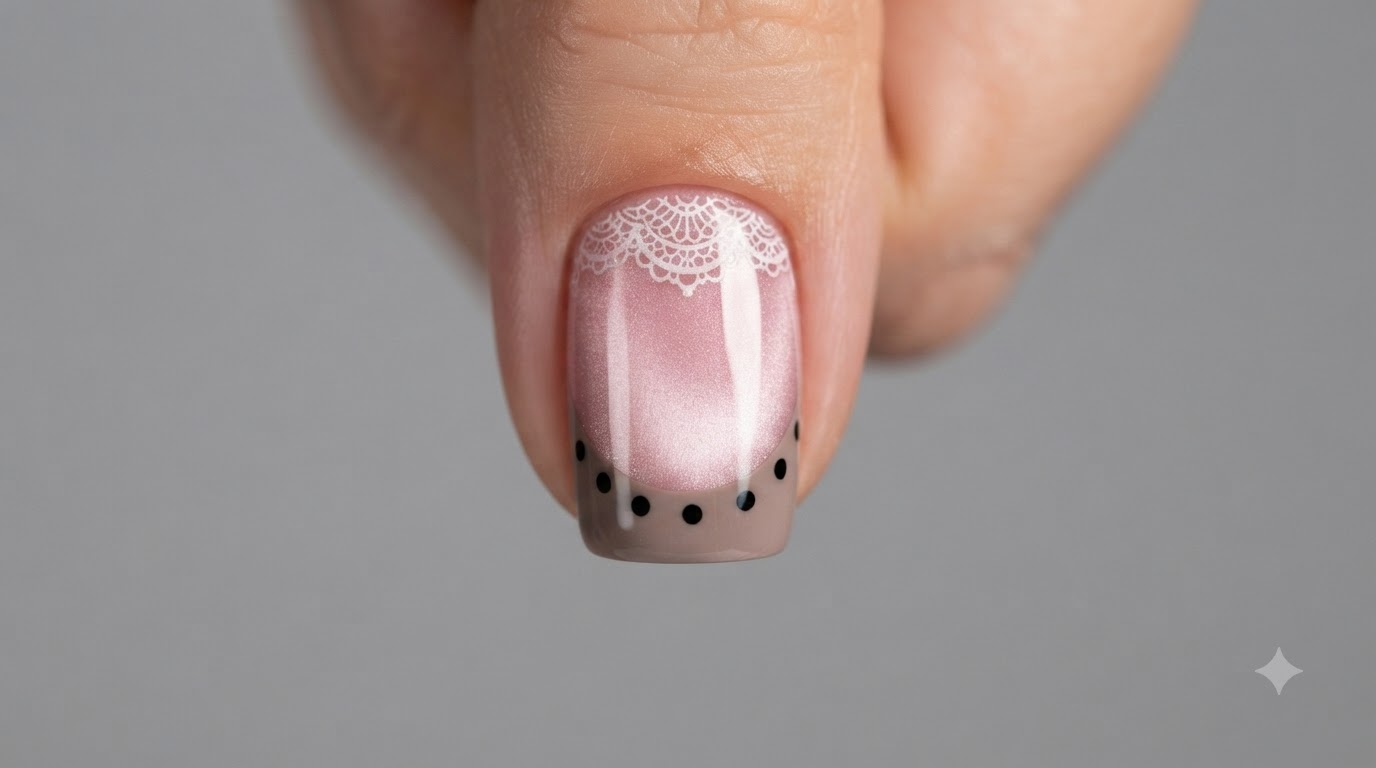 Un primo piano di una nail art completata con pizzo francese, caratterizzata da una base cat-eye rosa, stampa in pizzo bianco, punta French beige scuro e piccoli pois neri.