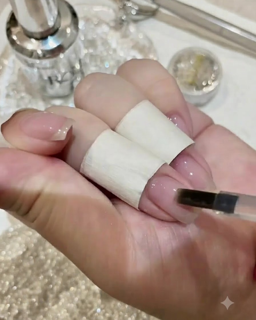 Una mano che utilizza una lima per unghie per levigare delicatamente una sezione specifica della superficie ungueale polimerizzata per il posizionamento della gemma.