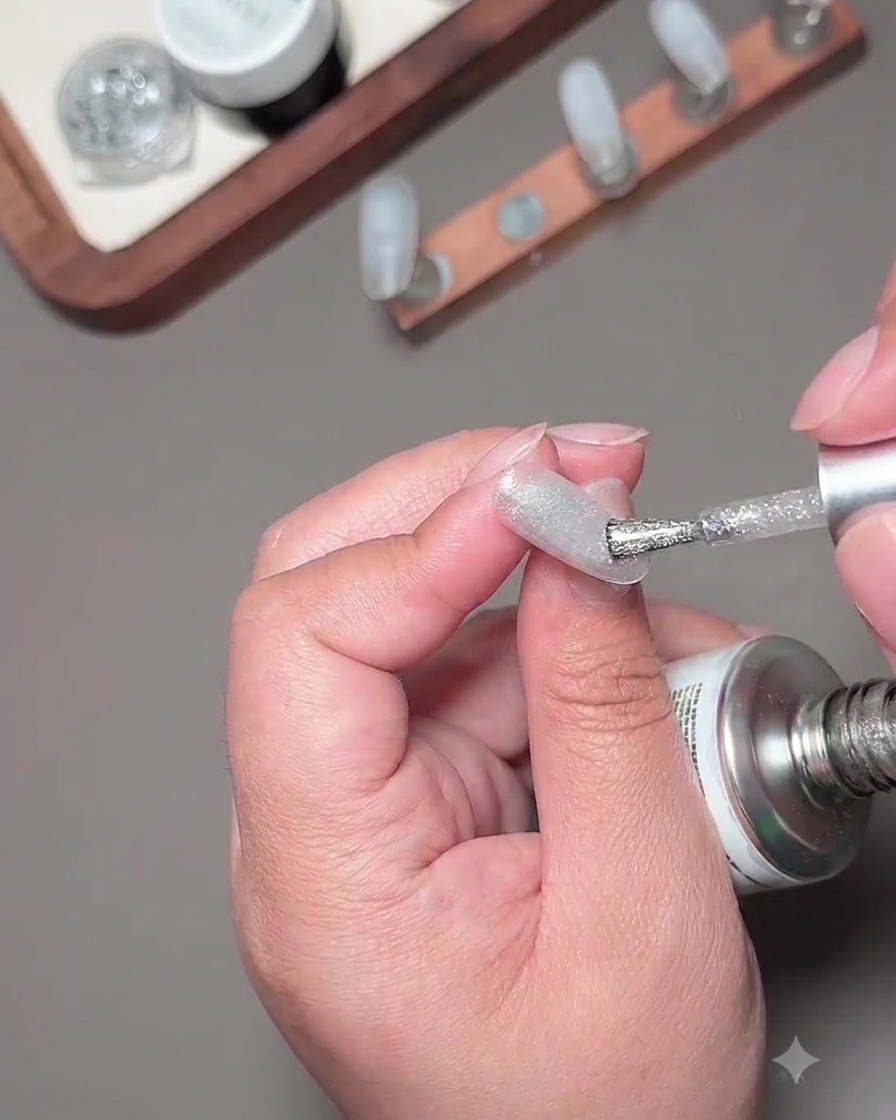Uno strumento magnetico rotondo tenuto vicino a ununghia smaltata con cat-eye per concentrare il riflesso.