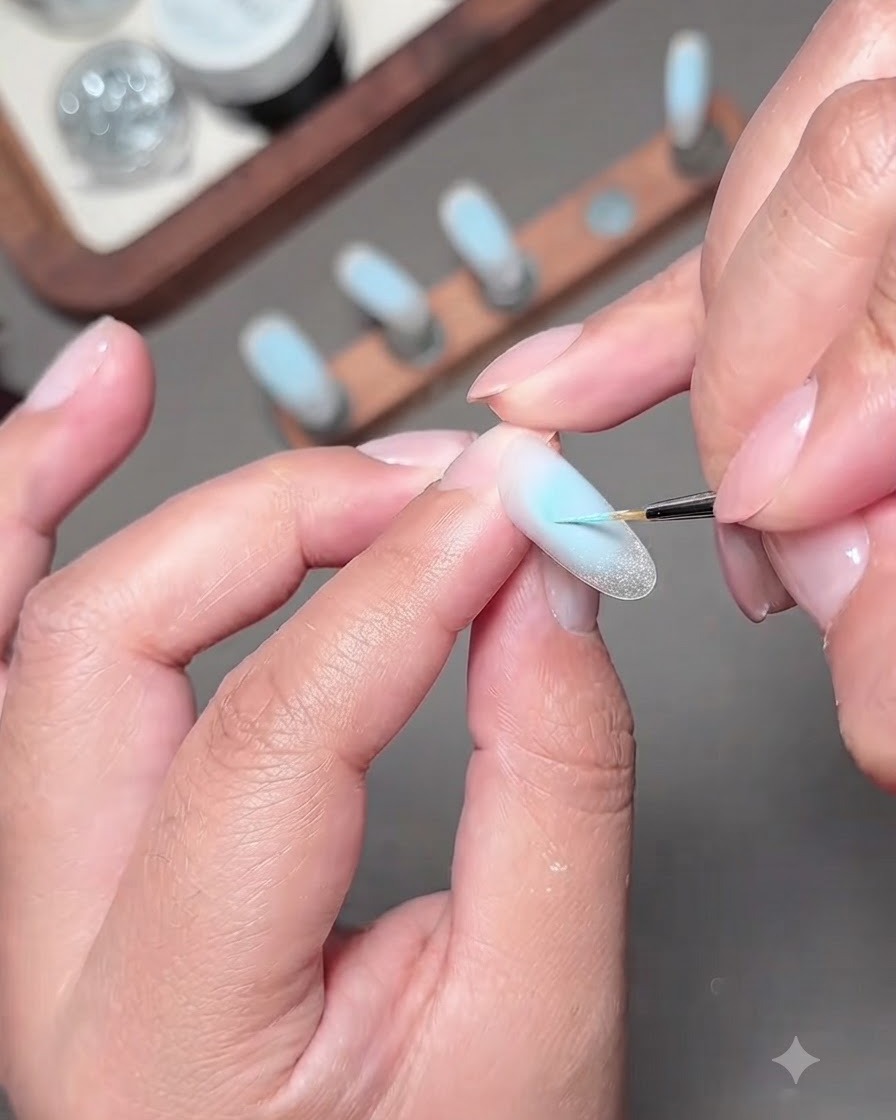 Un pennello fine per nail art che dipinge un delicato design di fiocco a farfalla blu sulla superficie di ununghia.