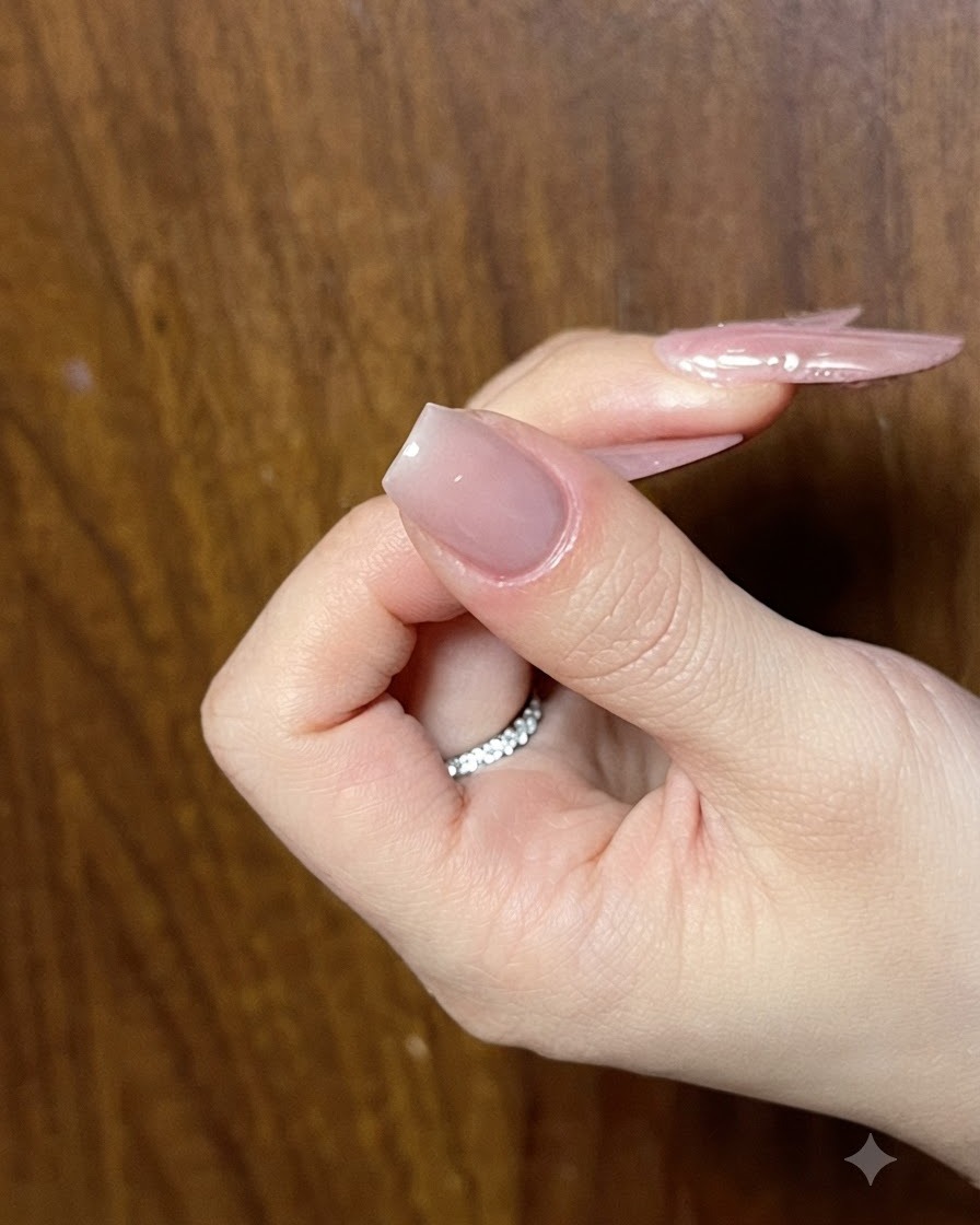 Vista ravvicinata di una mano che mostra ununghia dalla forma pulita con una base gel nude lucida applicata.