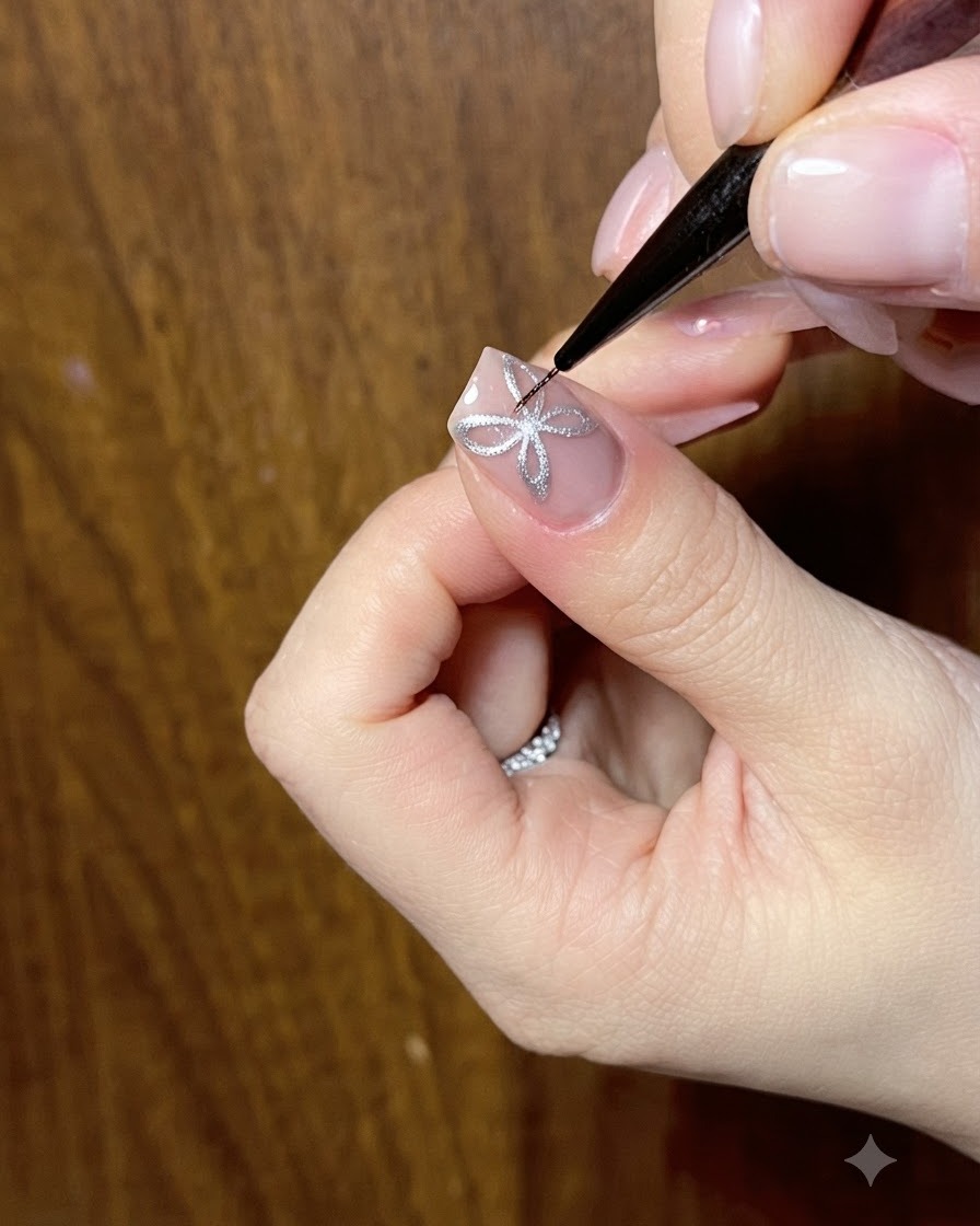 Una nail artist che utilizza un pennello fine per perfezionare le linee intricate di un design di fiocco a farfalla cat-eye argentato su ununghia.